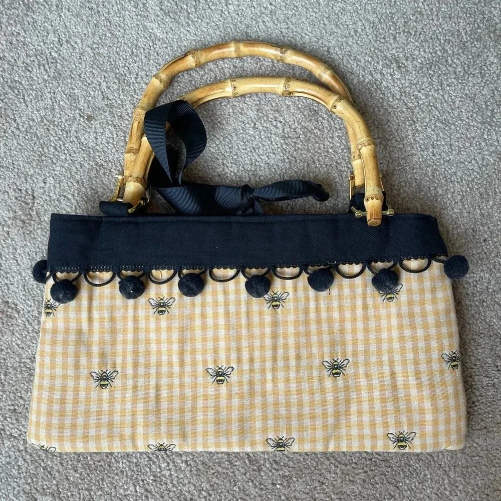 Gingham Yellow Bag with Embroidered Bees and Bamboo Handles